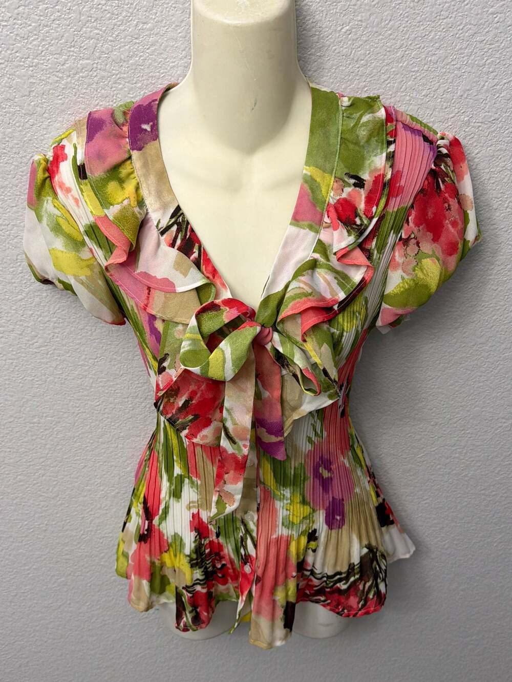 Vintage East 5th Y2K Floral Pleated Ruffle Blouse Short Sleeve Fairycore